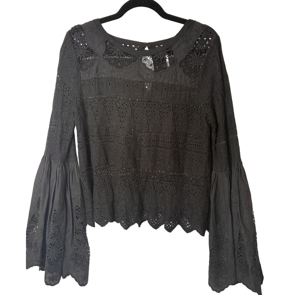 Free People Once Upon a Time Top Womens Small Black Bell Sleeves Crochet Lace